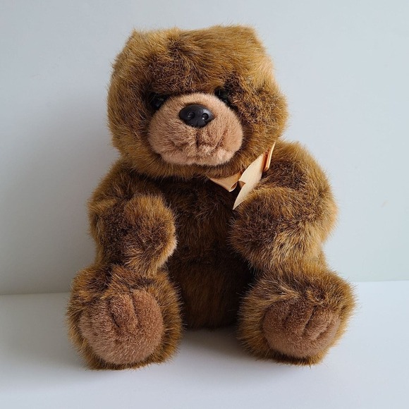 Vintage Ty Plush Brown Bear 1998 Peach Bow Sitting No Hang Tag 9" - Picture 1 of 10